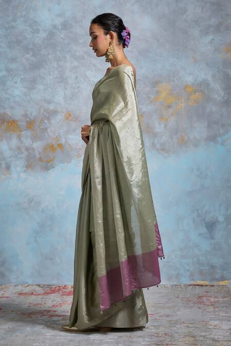 Dressfolk_Green Handloom Cotton Metallic Thread, Beads Saree With Running Blouse_Online_at_Aza_Fashions