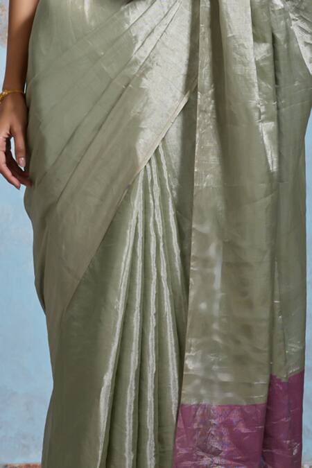 Shop_Dressfolk_Green Handloom Cotton Metallic Thread, Beads Saree With Running Blouse_Online_at_Aza_Fashions