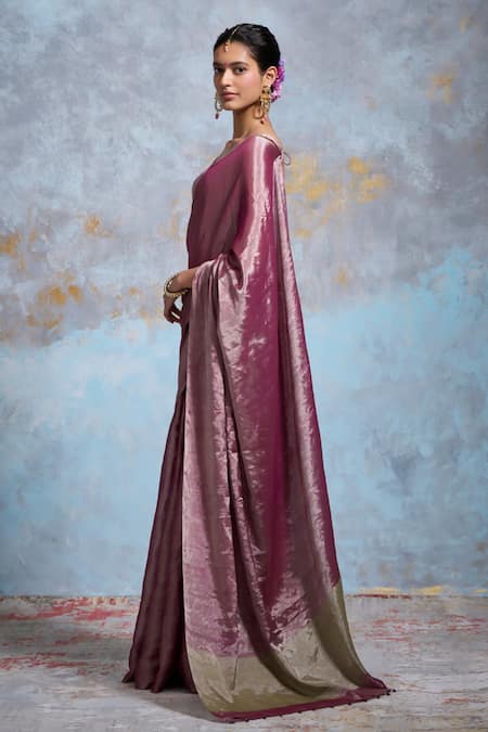 Dressfolk_Purple Handloom Cotton Metallic Thread, Beads Saree With Running Blouse_Online_at_Aza_Fashions