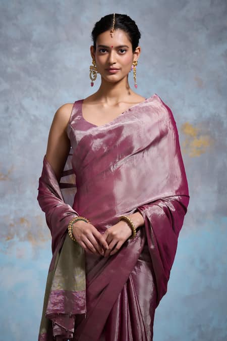 Buy_Dressfolk_Purple Handloom Cotton Metallic Thread, Beads Saree With Running Blouse_Online_at_Aza_Fashions
