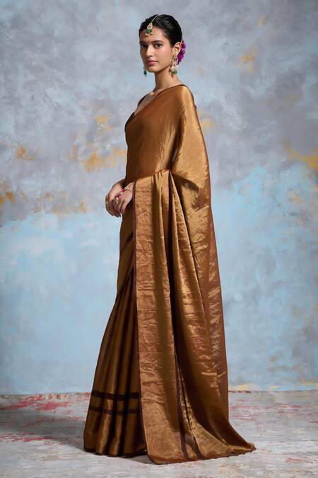 Dressfolk Gold Chanderi, Silk Beads Handloom Saree With Running Blouse Online at Aza Fashions Dressfolk_Gold Chanderi, Silk Beads Handloom Saree With Running Blouse_Online_at_Aza_Fashions