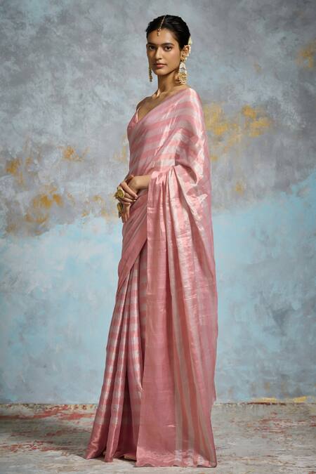 Dressfolk_Pink Handloom Cotton Beads Chanderi Striped Saree With Running Blouse_Online_at_Aza_Fashions