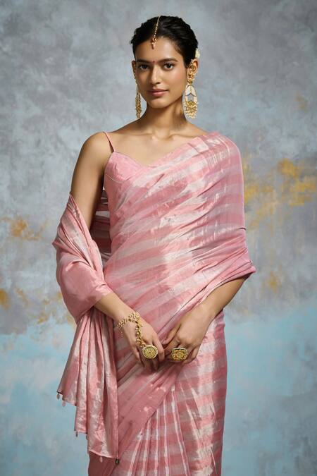 Buy_Dressfolk_Pink Handloom Cotton Beads Chanderi Striped Saree With Running Blouse_Online_at_Aza_Fashions