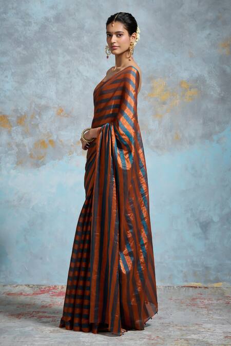 Dressfolk_Blue Chanderi, Handloom Cotton Beads Striped Saree With Running Blouse _Online_at_Aza_Fashions