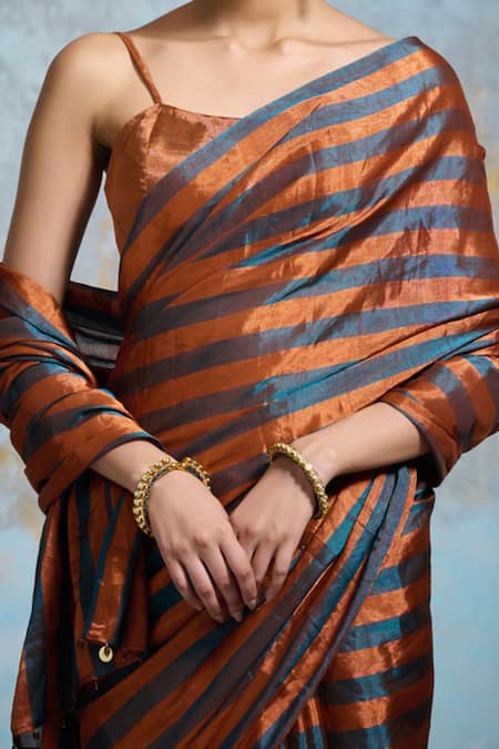 Shop_Dressfolk_Blue Chanderi, Handloom Cotton Beads Striped Saree With Running Blouse _Online_at_Aza_Fashions