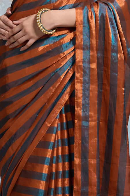 Dressfolk_Blue Chanderi, Handloom Cotton Beads Striped Saree With Running Blouse _at_Aza_Fashions