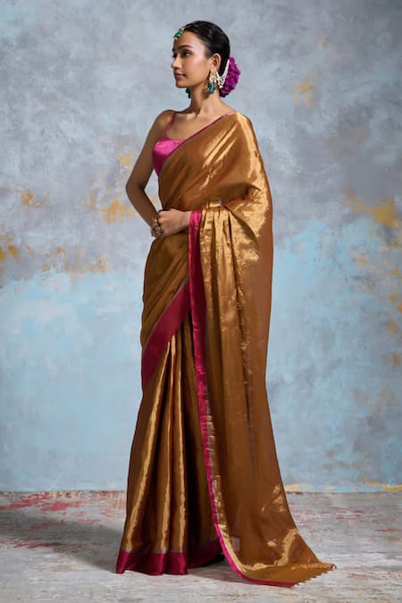 Dressfolk_Gold Chanderi, Handloom Cotton Metallic Thread, Beads Saree With Running Blouse _Online_at_Aza_Fashions