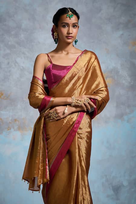 Buy_Dressfolk_Gold Chanderi, Handloom Cotton Metallic Thread, Beads Saree With Running Blouse _Online_at_Aza_Fashions