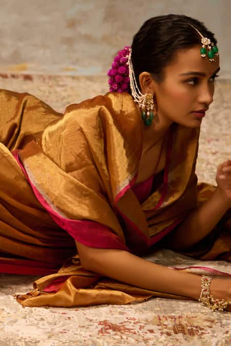 Shop_Dressfolk_Gold Chanderi, Handloom Cotton Metallic Thread, Beads Saree With Running Blouse _Online_at_Aza_Fashions