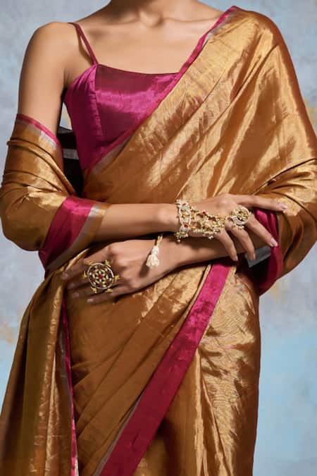 Dressfolk_Gold Chanderi, Handloom Cotton Metallic Thread, Beads Saree With Running Blouse _at_Aza_Fashions
