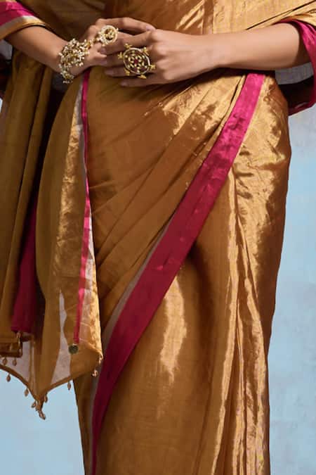 Buy_Dressfolk_Gold Chanderi, Handloom Cotton Metallic Thread, Beads Saree With Running Blouse 