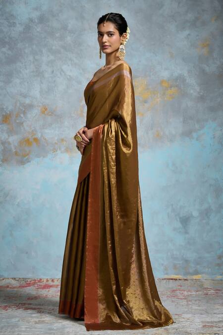 Dressfolk_Gold Chanderi, Handloom Cotton Metallic Thread, Beads Saree With Running Blouse_Online_at_Aza_Fashions
