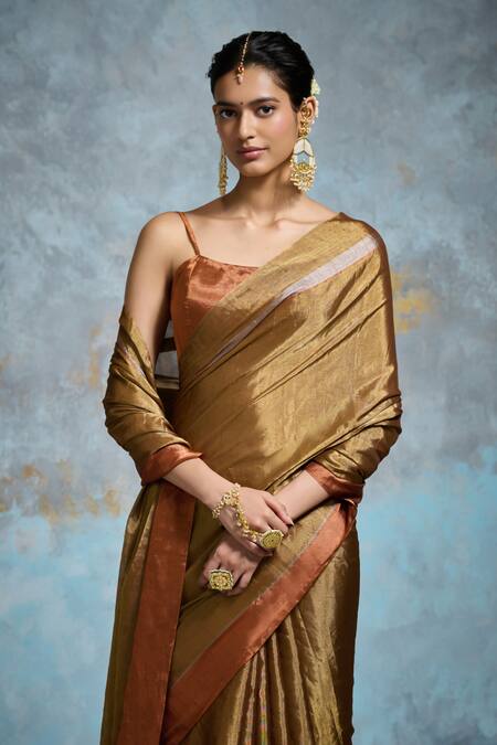 Buy_Dressfolk_Gold Chanderi, Handloom Cotton Metallic Thread, Beads Saree With Running Blouse_Online_at_Aza_Fashions