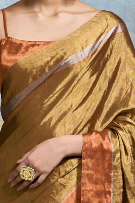Dressfolk_Gold Chanderi, Handloom Cotton Metallic Thread, Beads Saree With Running Blouse_at_Aza_Fashions