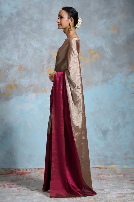 Dressfolk_Silver Chanderi Metallic Thread, And Pink Embellished Saree With Running Blouse_Online_at_Aza_Fashions