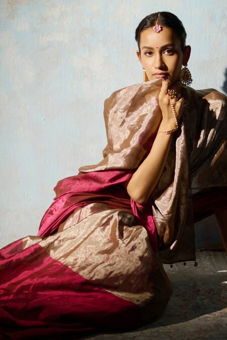 Dressfolk_Silver Chanderi Metallic Thread, And Pink Embellished Saree With Running Blouse_at_Aza_Fashions