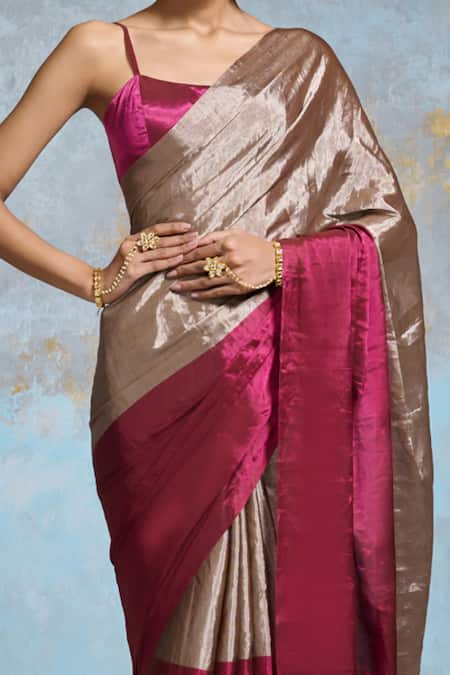 Buy_Dressfolk_Silver Chanderi Metallic Thread, And Pink Embellished Saree With Running Blouse