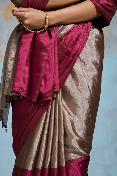 Shop_Dressfolk_Silver Chanderi Metallic Thread, And Pink Embellished Saree With Running Blouse