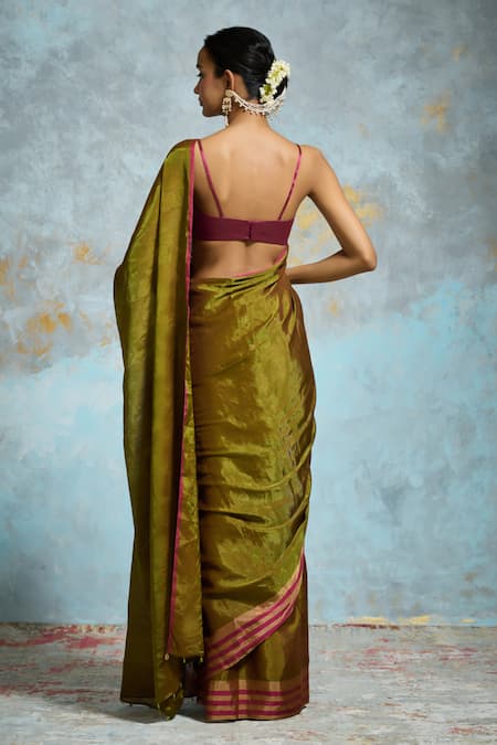 Shop Dressfolk Green Handloom Cotton, Chanderi Metallic Woven Saree With Running Blouse at Aza Fashions Shop_Dressfolk_Green Handloom Cotton, Chanderi Metallic Woven Saree With Running Blouse _at_Aza_Fashions