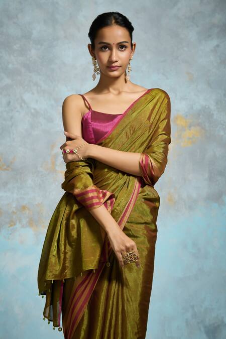 Buy Dressfolk Green Handloom Cotton, Chanderi Metallic Woven Saree With Running Blouse Online at Aza Fashions Buy_Dressfolk_Green Handloom Cotton, Chanderi Metallic Woven Saree With Running Blouse _Online_at_Aza_Fashions