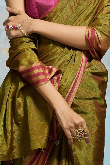 Dressfolk Green Handloom Cotton, Chanderi Metallic Woven Saree With Running Blouse at Aza Fashions Dressfolk_Green Handloom Cotton, Chanderi Metallic Woven Saree With Running Blouse _at_Aza_Fashions