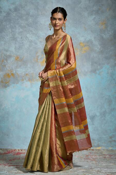 Dressfolk_Orange Chanderi, Handloom Cotton Contrast Striped Saree With Running Blouse _Online_at_Aza_Fashions
