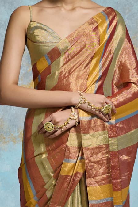 Shop_Dressfolk_Orange Chanderi, Handloom Cotton Contrast Striped Saree With Running Blouse _Online_at_Aza_Fashions