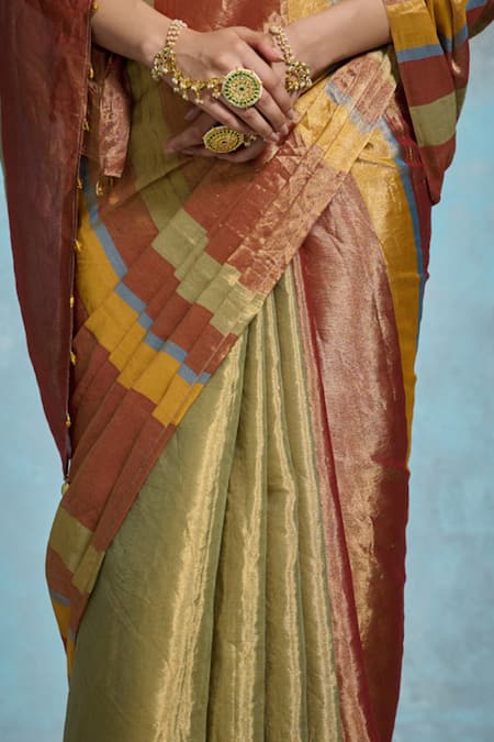 Dressfolk_Orange Chanderi, Handloom Cotton Contrast Striped Saree With Running Blouse _at_Aza_Fashions
