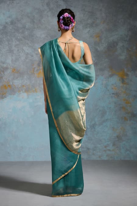 Shop Dressfolk Blue Chanderi, Handloom Cotton Tassels, Zari Woven Saree With Running Blouse at Aza Fashions Shop_Dressfolk_Blue Chanderi, Handloom Cotton Tassels, Zari Woven Saree With Running Blouse _at_Aza_Fashions