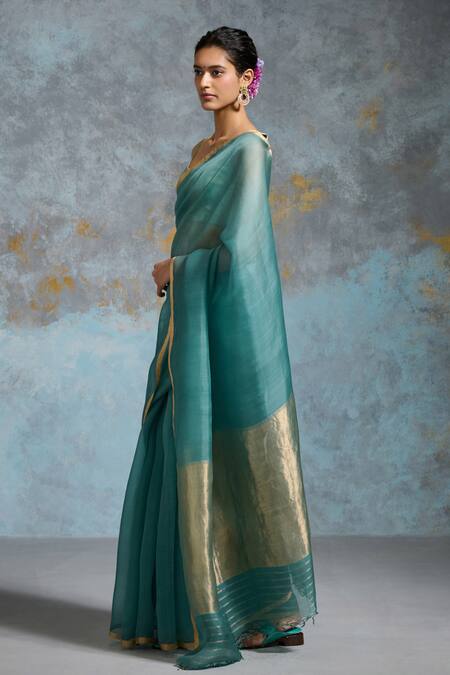 Dressfolk Blue Chanderi, Handloom Cotton Tassels, Zari Woven Saree With Running Blouse Online at Aza Fashions Dressfolk_Blue Chanderi, Handloom Cotton Tassels, Zari Woven Saree With Running Blouse _Online_at_Aza_Fashions