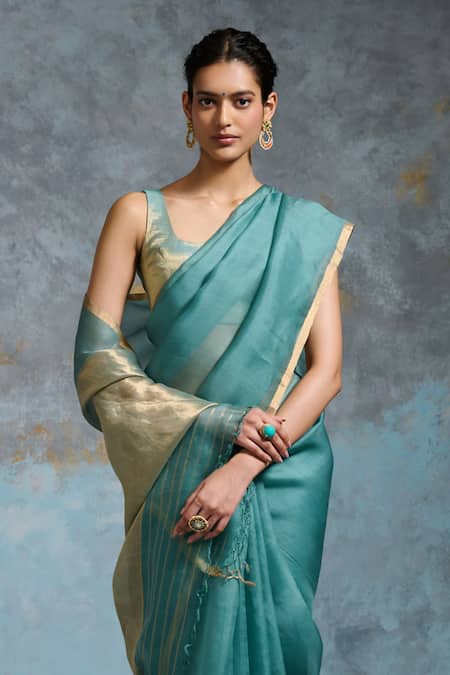 Buy Dressfolk Blue Chanderi, Handloom Cotton Tassels, Zari Woven Saree With Running Blouse Online at Aza Fashions Buy_Dressfolk_Blue Chanderi, Handloom Cotton Tassels, Zari Woven Saree With Running Blouse _Online_at_Aza_Fashions