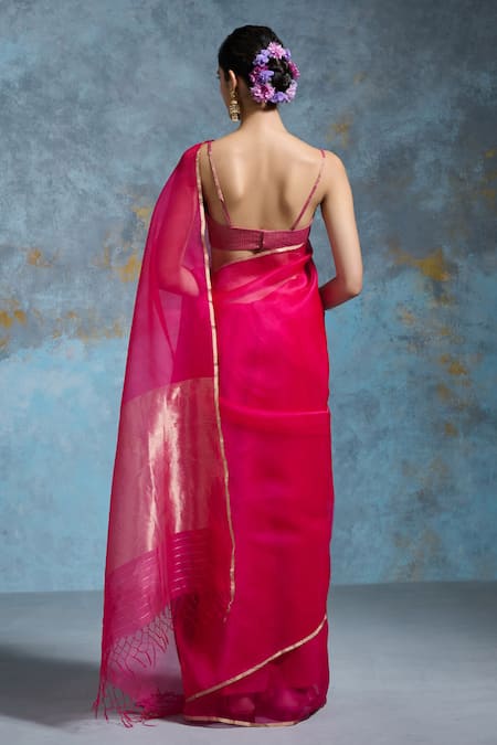 Shop Dressfolk Pink Chanderi Tassels Handloom Saree With Running Blouse at Aza Fashions Shop_Dressfolk_Pink Chanderi Tassels Handloom Saree With Running Blouse _at_Aza_Fashions