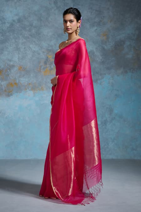 Dressfolk Pink Chanderi Tassels Handloom Saree With Running Blouse Online at Aza Fashions Dressfolk_Pink Chanderi Tassels Handloom Saree With Running Blouse _Online_at_Aza_Fashions