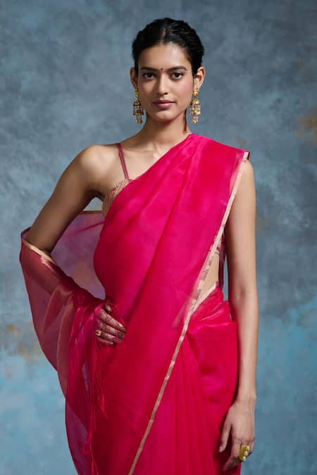 Shop Dressfolk Pink Chanderi Tassels Handloom Saree With Running Blouse Online at Aza Fashions Shop_Dressfolk_Pink Chanderi Tassels Handloom Saree With Running Blouse _Online_at_Aza_Fashions