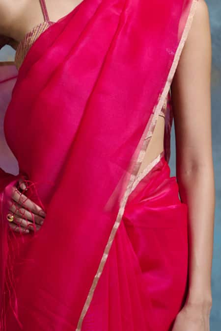 Dressfolk Pink Chanderi Tassels Handloom Saree With Running Blouse at Aza Fashions Dressfolk_Pink Chanderi Tassels Handloom Saree With Running Blouse _at_Aza_Fashions