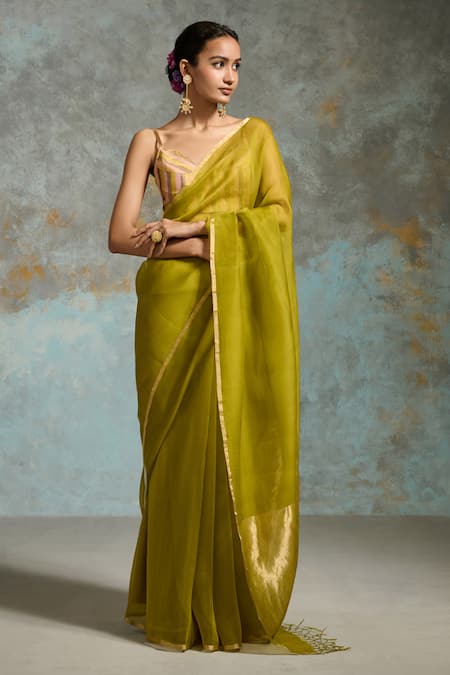 Dressfolk Green Chanderi, Handloom Cotton Plain Saree 