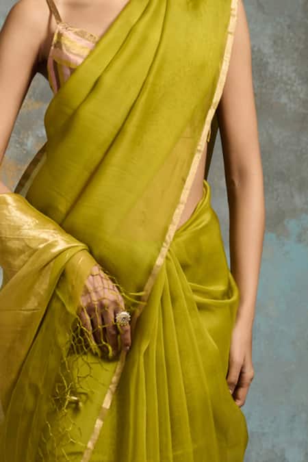 Dressfolk Green Chanderi, Handloom Cotton Plain Saree With Running Blouse at Aza Fashions Dressfolk_Green Chanderi, Handloom Cotton Plain Saree With Running Blouse _at_Aza_Fashions