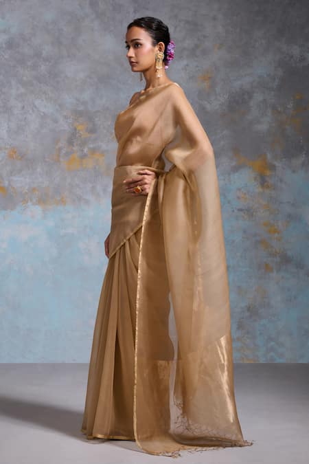 Dressfolk_Gold Handloom Cotton Embroidery Plain Chanderi Saree With Running Blouse _Online_at_Aza_Fashions