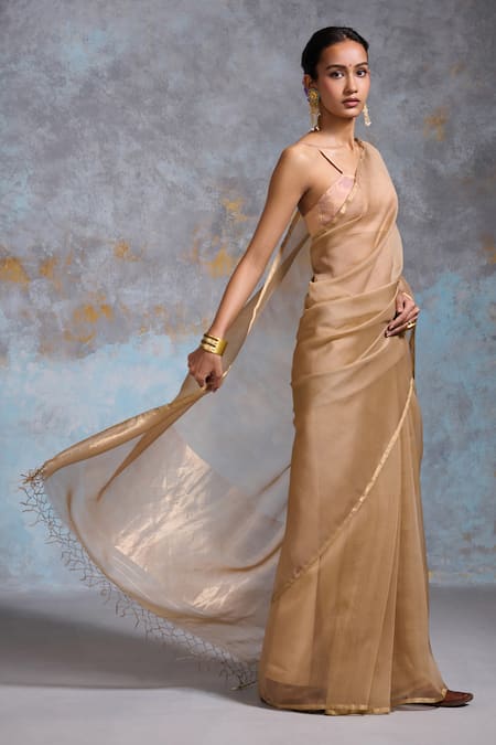 Buy_Dressfolk_Gold Handloom Cotton Embroidery Plain Chanderi Saree With Running Blouse _Online_at_Aza_Fashions