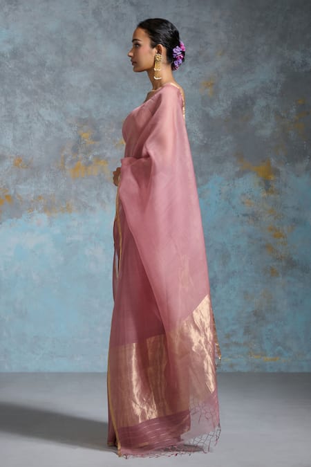 Dressfolk Pink Chanderi Rose Handloom Saree With Running Blouse Online at Aza Fashions Dressfolk_Pink Chanderi Rose Handloom Saree With Running Blouse _Online_at_Aza_Fashions