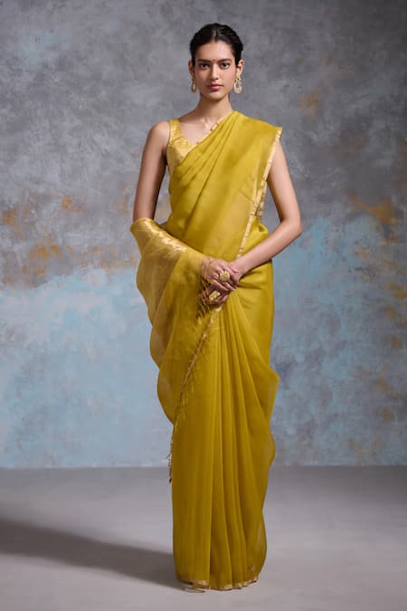 Dressfolk Yellow Chanderi Handwoven Plain Saree And Unstitched Blouse Piece 