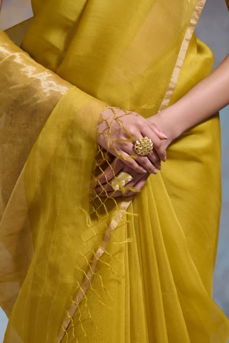 Dressfolk Yellow Chanderi Handwoven Plain Saree With Running Blouse at Aza Fashions Dressfolk_Yellow Chanderi Handwoven Plain Saree With Running Blouse _at_Aza_Fashions