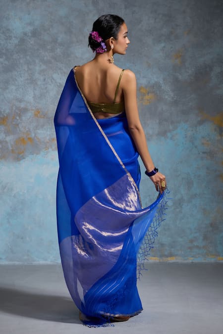 Dressfolk Cobalt Blue Handloom Tissue Saree with Running Blouse 