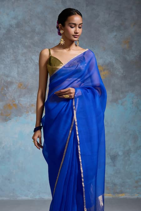 Dressfolk_Blue Handloom Cotton Cobalt Tissue Saree With Running Blouse _Online_at_Aza_Fashions