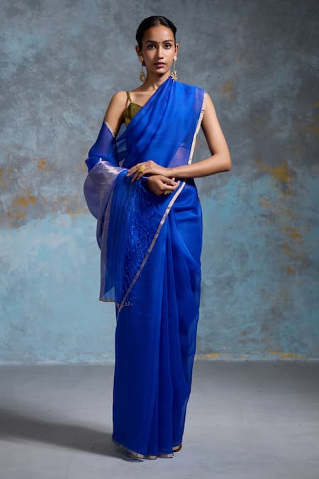Buy_Dressfolk_Blue Handloom Cotton Cobalt Tissue Saree With Running Blouse _Online_at_Aza_Fashions