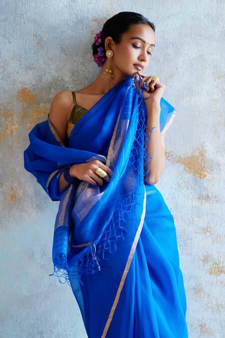 Shop_Dressfolk_Blue Handloom Cotton Cobalt Tissue Saree With Running Blouse _Online_at_Aza_Fashions