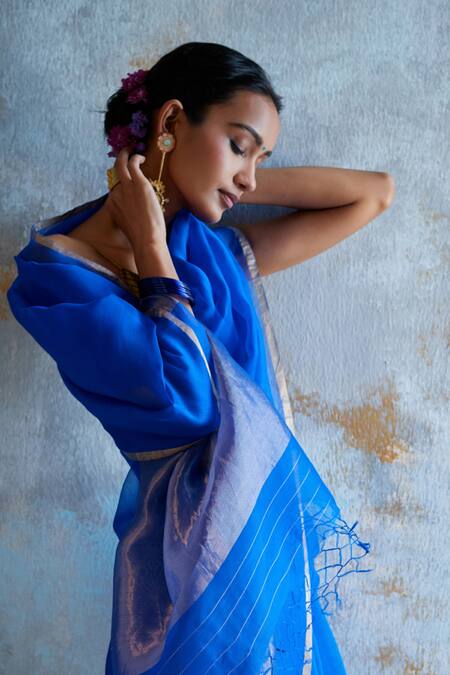 Dressfolk_Blue Handloom Cotton Cobalt Tissue Saree With Running Blouse _at_Aza_Fashions