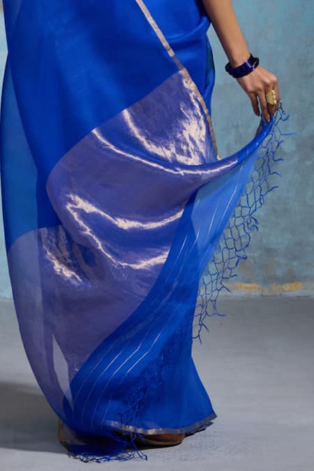 Buy_Dressfolk_Blue Handloom Cotton Cobalt Tissue Saree With Running Blouse 