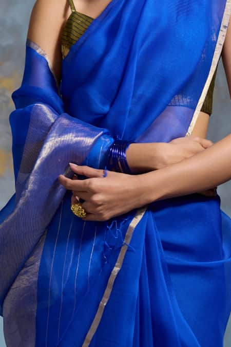 Shop_Dressfolk_Blue Handloom Cotton Cobalt Tissue Saree With Running Blouse 