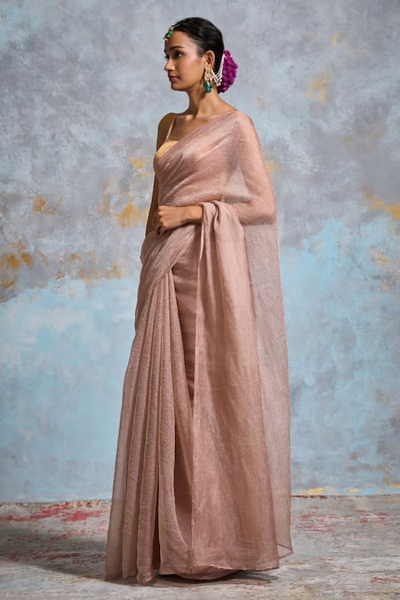 Dressfolk Peach Handloom Cotton Crinkled Tissue Saree With Running Blouse Online at Aza Fashions Dressfolk_Peach Handloom Cotton Crinkled Tissue Saree With Running Blouse _Online_at_Aza_Fashions